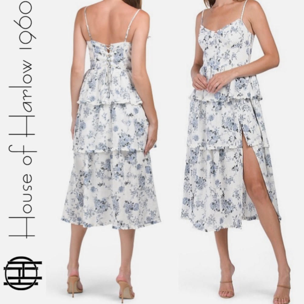 House of Harlow Blue floral print White Ruffle Layered Strap Dress M linen blend